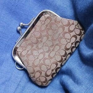 Coach Tan Logo Kiss Lock Coin Case.